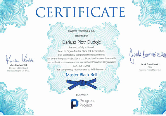 Dudojc Certyfikat Master Black Belt LEan Sixs Sigma